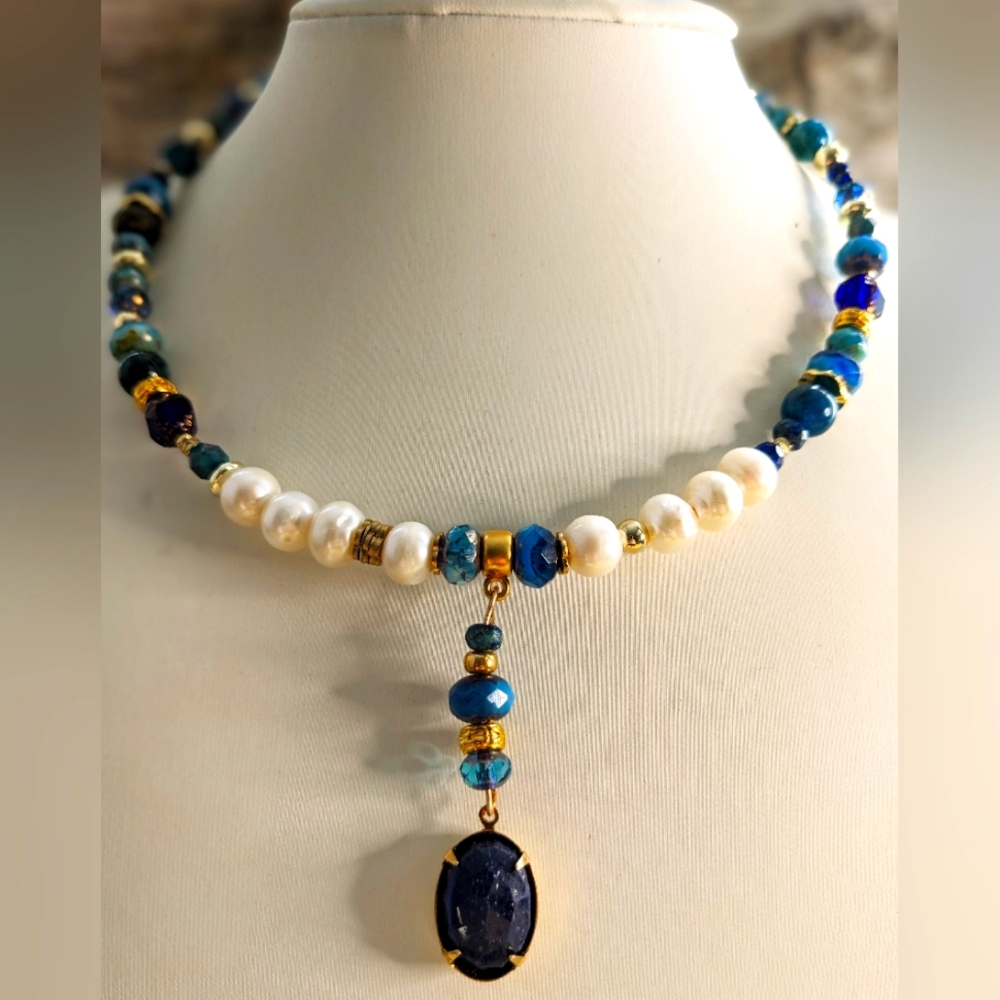 30 Carat Raw Blue Sapphire And Pearls In Beautiful Blue Bead Necklace & Earrings
